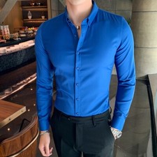 Men's British style Pure Color Casual Shirts Slim Fit Blouses Long sleeve Party