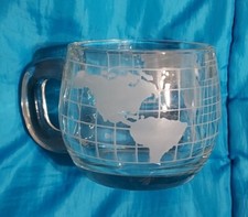 VINTAGE Nestle Nescafe World Globe Etched Heavy Glass Coffee Mug Cup PRE OWNED