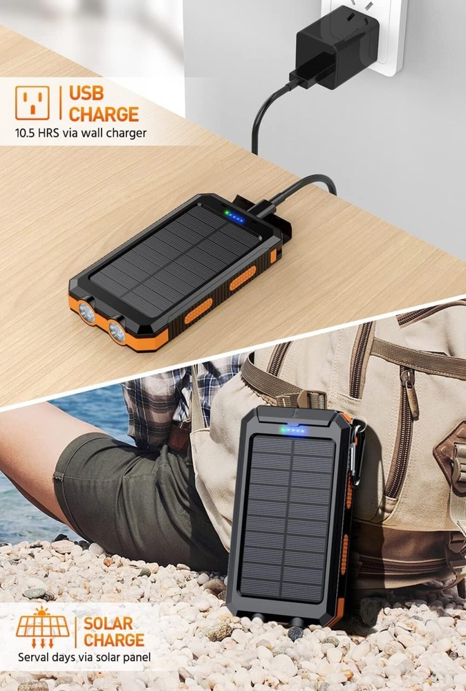 Solar Power Bank - Waterproof Fast Charging Portable Charger with USB & Flashlight