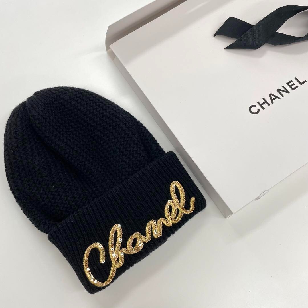 CHANEL Cashmere Sequin Knit Hat Beanie 22AW Black Gold New