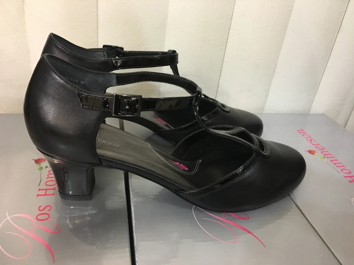 Ros Hommerson Women Heidi Black Leather ClassicT Strap Heel Strap WIDE