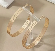 NEW WOMEN'S  LARGE YELLOW GOLD GREEK KEY ROUND HOOP EARRINGS LIGHT WEIGHT 2.75"