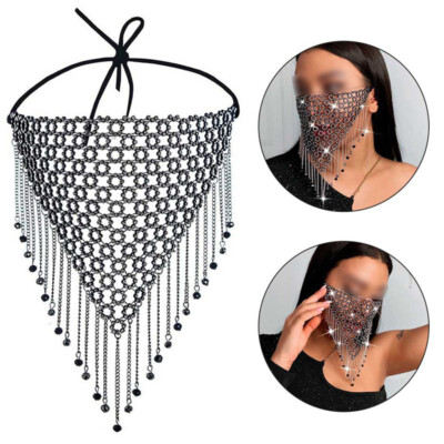 Shiny Rhinestone Mask Face Decor Bling Tassel Veil Mask Dance Party Face Veil
