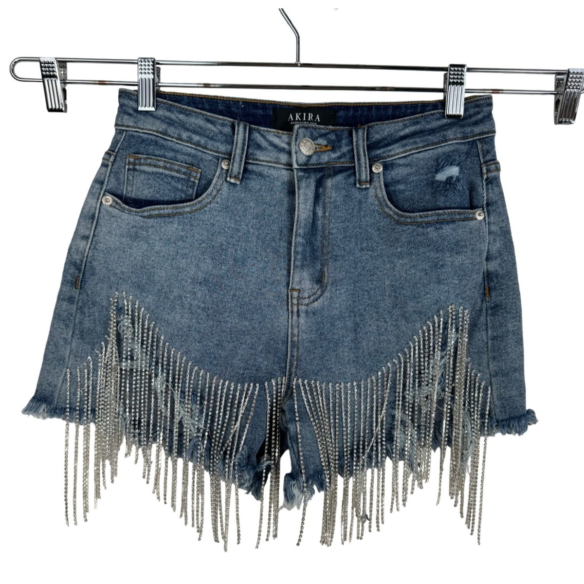 Akira Fresh Out The Runway Rhinestone Denim Short boho Wash