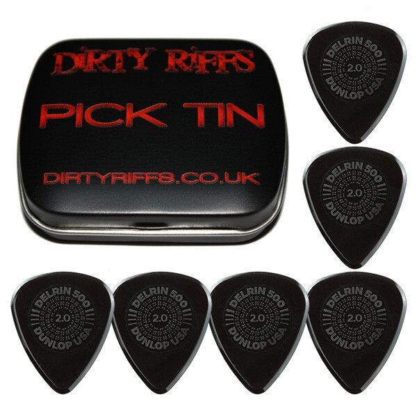 6 x Dunlop Delrin Prime Grip Guitar Picks / Plectrums 2.00mm Black In A Pick Tin