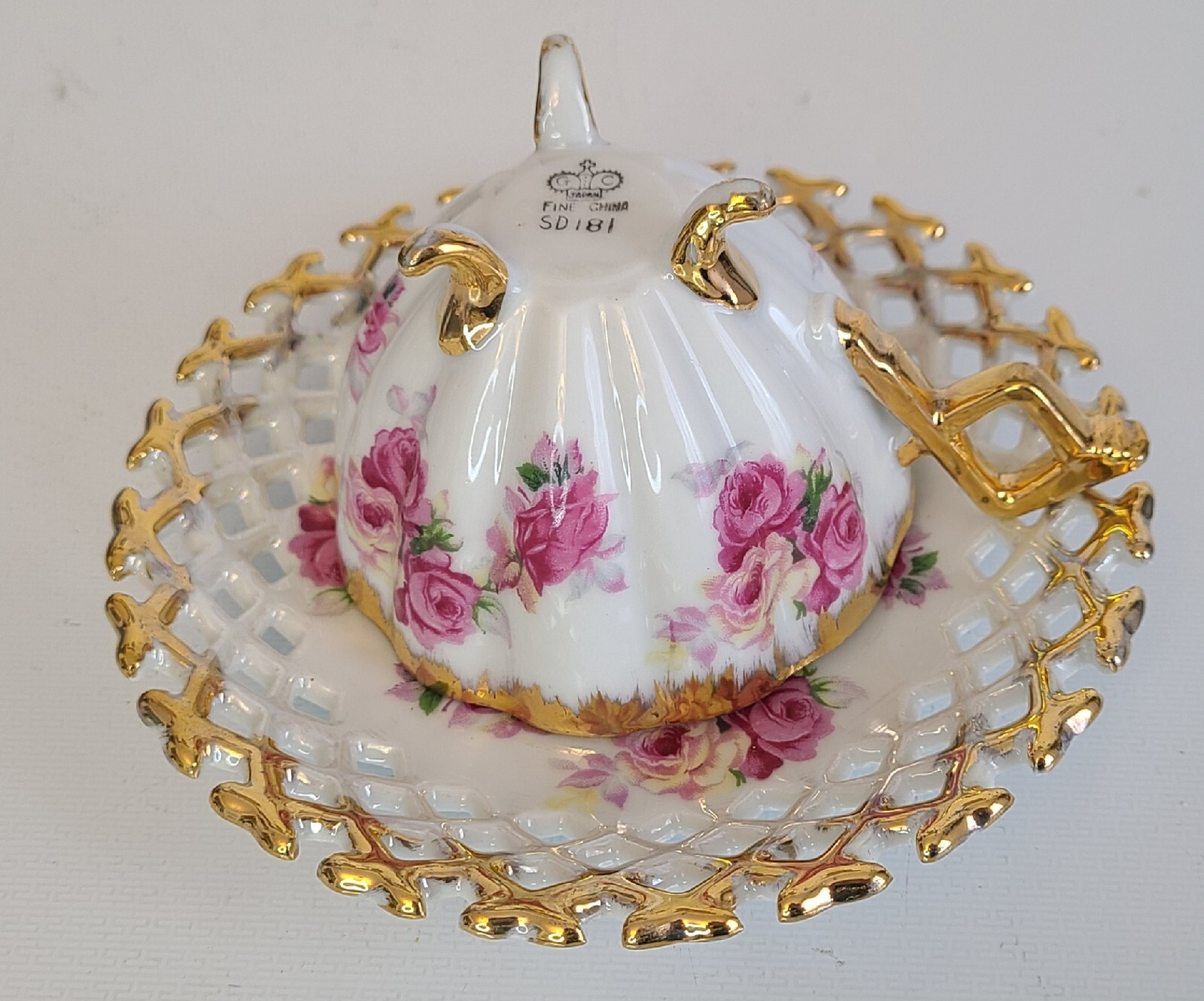Vintage GC Japan Fine China Handpainted, Roses & Gold Reticulated