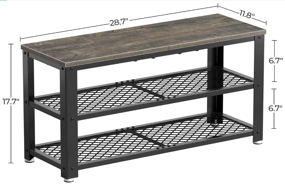 Zapatero, Estante de 3 Niveles, Asiento de Madera con Estantes de Malla, Marco de Acero Gris, 28.7" Foto 3 de 4