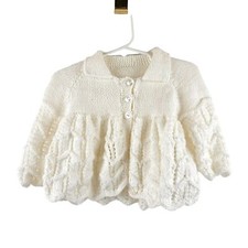 Vintage Baby Girl White Crochet Cardigan Sweater Cable Knit No Size Label