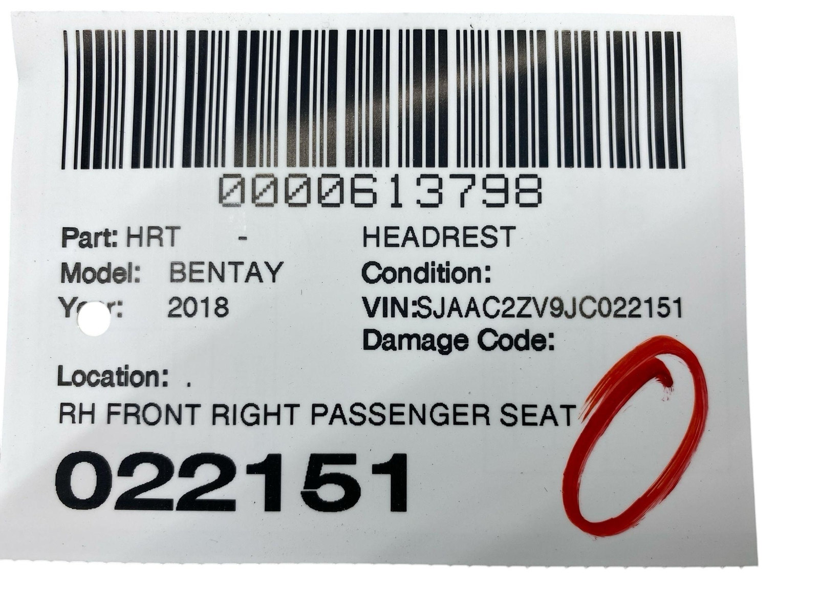 2016-2020 BENTLEY BENTAYGA OEM FRONT RIGHT PASSENGER SEAT HEADREST BELUGA BLACK