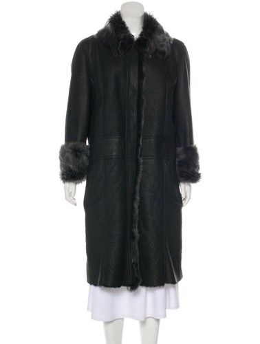 Helmut Lang Gray Shearling Leather Long Jacket Coat M