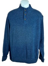 Men's Chaps Blue Henley Sweater Sz Large Cotton Elbow Patches Thick Pullover