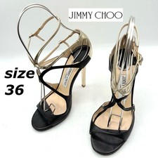 Rare JIMMY CHOO Black Gold Strap Heels Sandals Size EU36/US6 Auth