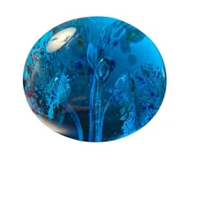 Turquoise Blue Art Glass Oblong Paperweight Murano Style Foliage Leaves