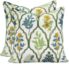 Blue Green Floral Embroidered Throw Pillow Covers 18x18 Set of 2
