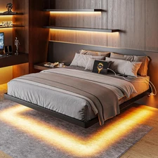 Full Size Floating Bed Frame with Charging Station and Led Lights, Metal Bed Fra