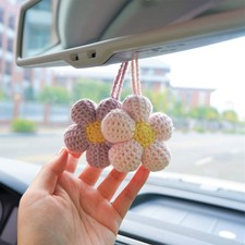 2Pcs Waffle Flower Car Mirror Hanging Accessories, Crochet Flower Car Charms