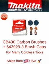 MAKITA CB430 195018-5 OEM Carbon Brushes + 643929-3 Caps for many Cordless Tools
