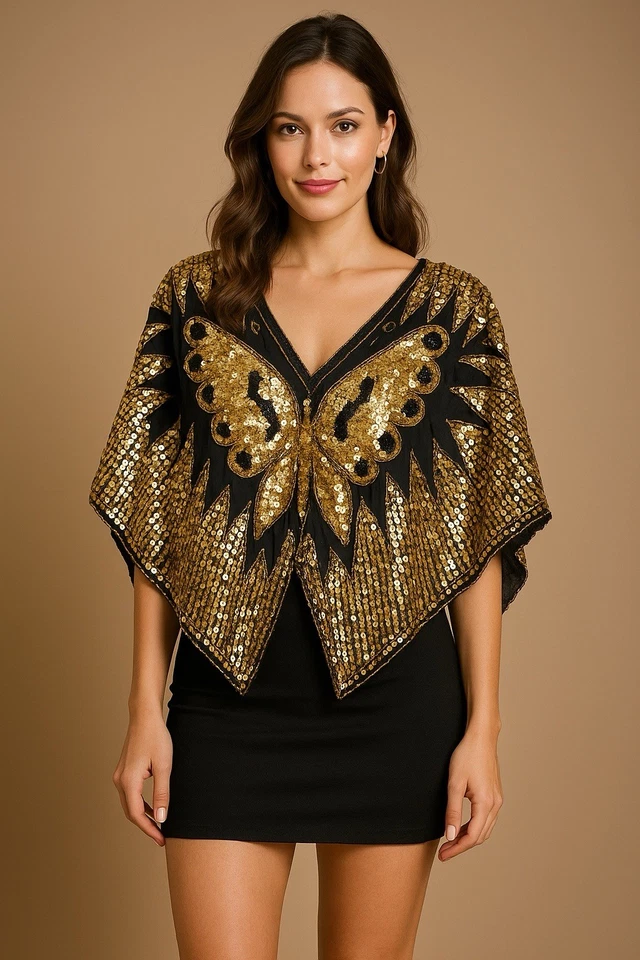 Vintage Silk Sequin Butterfly Top Beaded Poncho Cape Blouse Black Gold XL - Image 2 of 4