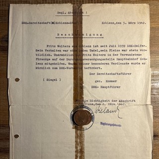 Koblenz 1942 Abschrift Bescheinigung DRK Rote Kreuz Original Dokument 2.WK