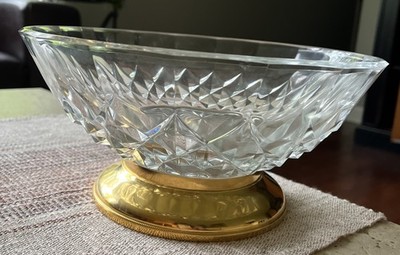 Val Saint Lambert Imperial Crystal Bowl Signed 24k Gold Plated Base 9.75 