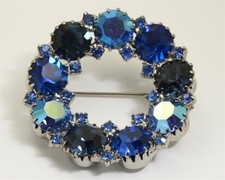 Vintage Mid Century Blue AB Crystal Rhinestone Wreath Brooch Pin