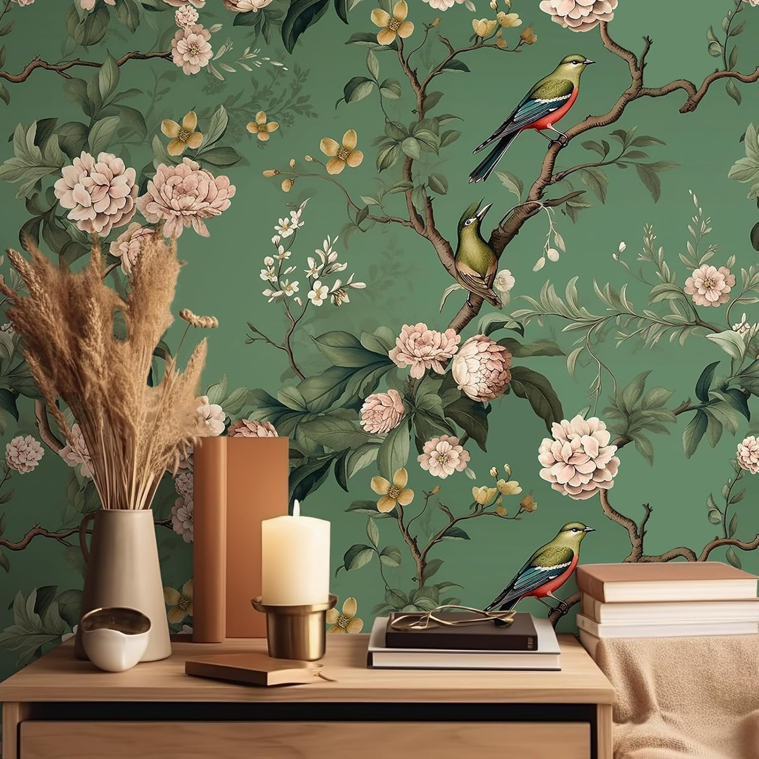 VEELIKE Vintage Green Bird Wallpaper Peel and Stick Chinoiserie Floral ...