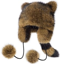 Shyyween Raccoon Hat with Tail for Women Men Faux Fur Large, Dark Color