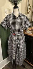 Talbots Black & White Gingham Shirt Dress With Red Belt Size 6