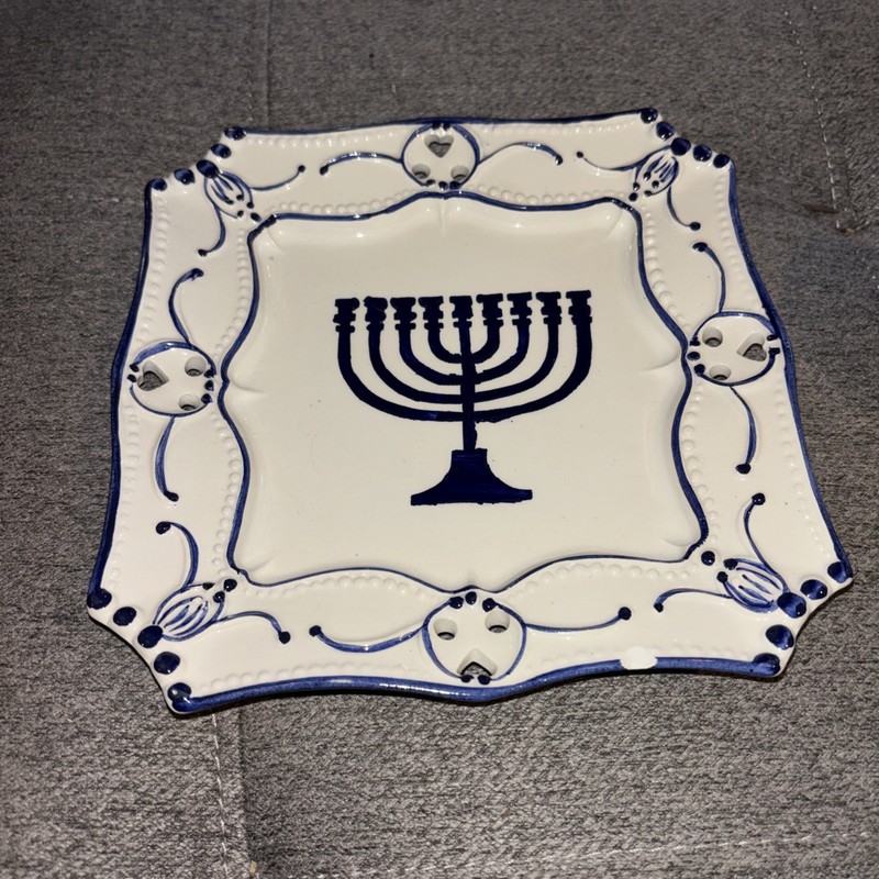 Judaica Porcelain Platter Menorah Made In Portugal Hand Painted