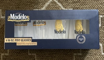 Cerveza Modelo 16oz Beer Glasses, Set Of 4, Gold Lion On 2, Logo On 2, NEW!