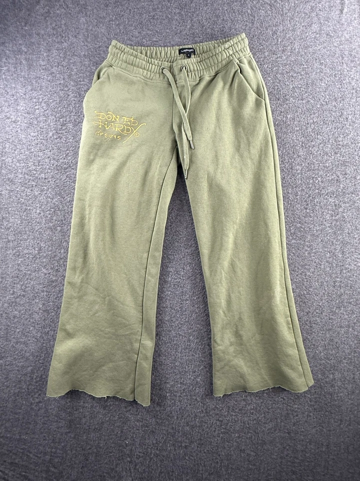 Pantalones deportivos Ed Hardy para mujer y mujer con logotipo verde oliva talla pequeña acampanados Foto 2 de 4