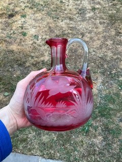 antique Bohemian cut cranberry glass decanter
