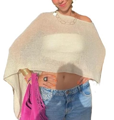  Womens Sheer Poncho Top Lightweight Knit Shrug Shawl Off One Size Creamy White