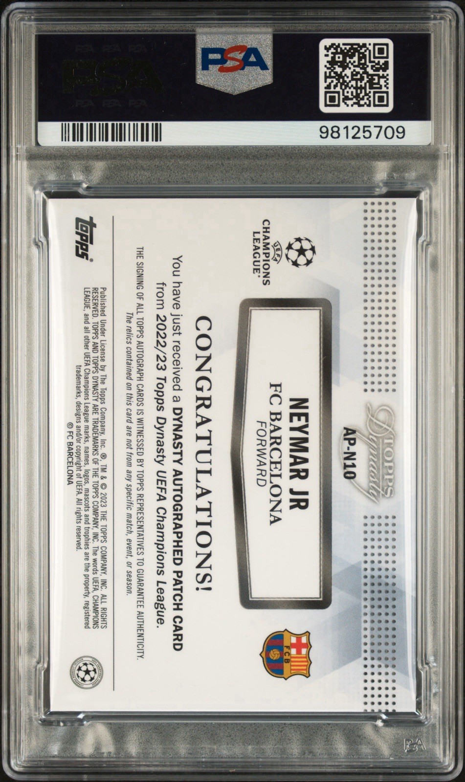 2022-23 Topps Dynasty UCL Soccer #N10 Neymar Match-Worn Patch AUTO 9/10 PSA 10 view 2