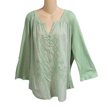 Nine West Top Tunic XL Sage Green 100% Cotton Embroidered Roll Tab Sleeve Gauzy