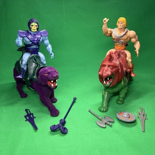 Vintage MOTU He-Man & Skeletor  1/2 Boot Figure Lot w/ Battle Cats Complete