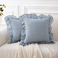 2 Pack Dust Blue Gingham Ruffle Throw Pillow Covers 18''x18'' 100 Washed C...