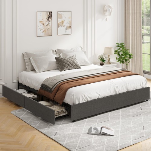 Full Queen Size Bed Frame with 4 Storage Drawers Heavy Duty Upholstered Platform - Picture 27 of 28