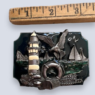 Vintage Belt buckle Siskiyou Buckle Co. Ocean Scene Nautical Boat