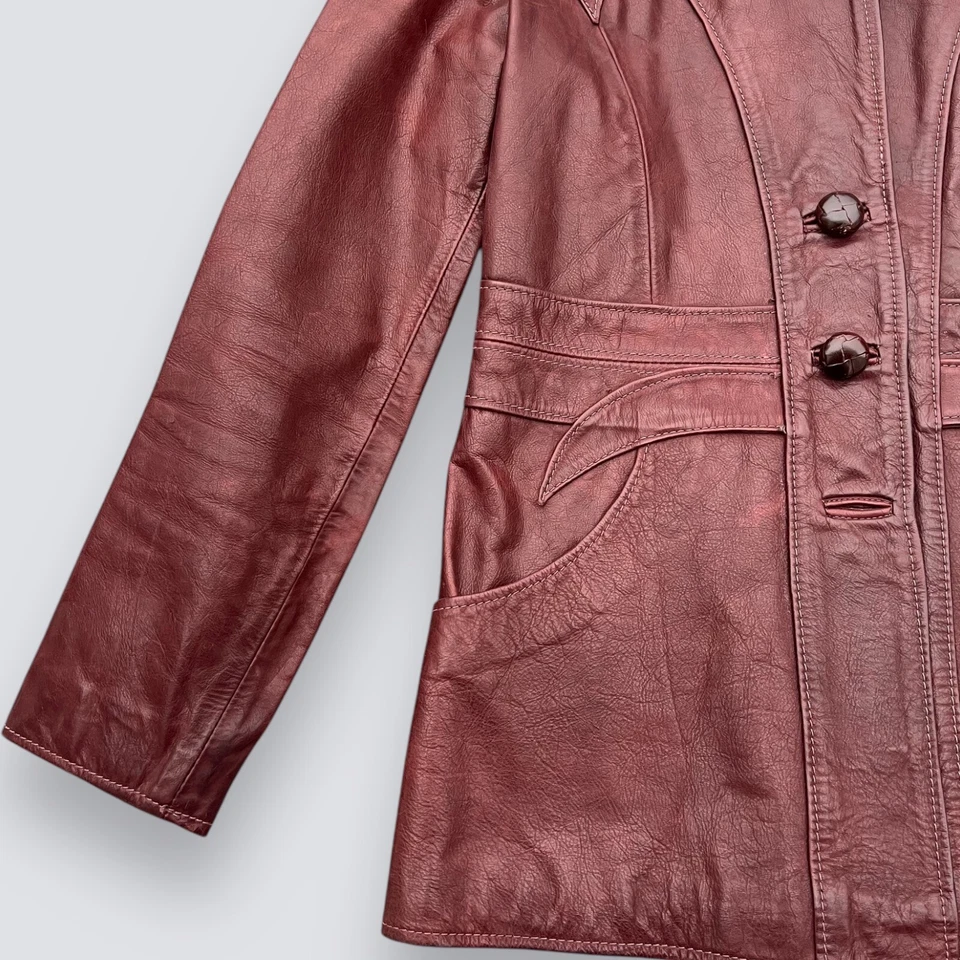 VINTAGE 1970s EAST WEST MUSICAL INSTRUMENTS LEATHER JACKET Blazer Coat 70s XS - Image 3 of 4