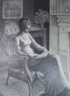 Original Bleistiftzeichnung, 'Frau liest', Edmund Caswell (1938-1996)