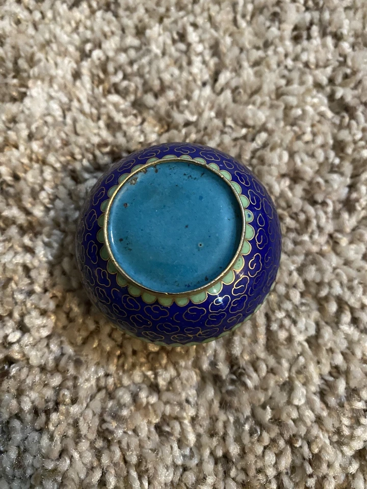 CAJA TARRO BARATIJA FLORAL ESMALTE AZUL CLOISONNE CHINO PEQUEÑO VINTAGE Foto 2 de 4