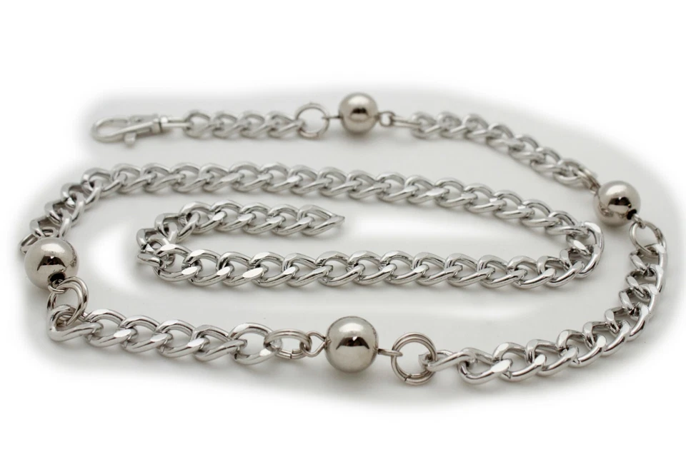 Mujeres Cinturón Plata Metal Cadena Bola Dije Cintura Ajustada Cadera Cintura Alta XS S M Foto 2 de 4