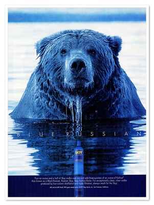 Skyy Vodka Blue Russian Recipe Grizzly Bear Vintage 1997 Print Magazine Ad