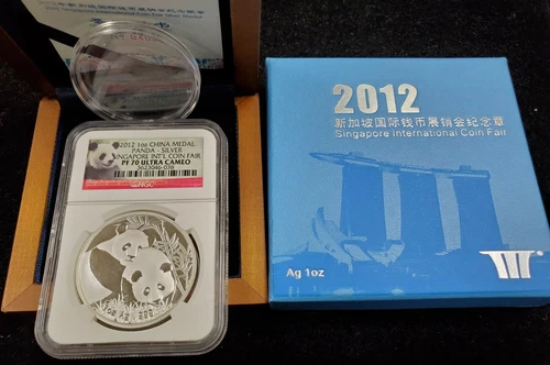 2012 Singapore Coin Fair NGC PF70 Ultra Cameo 1oz China Panda Medal-W/Box & COA