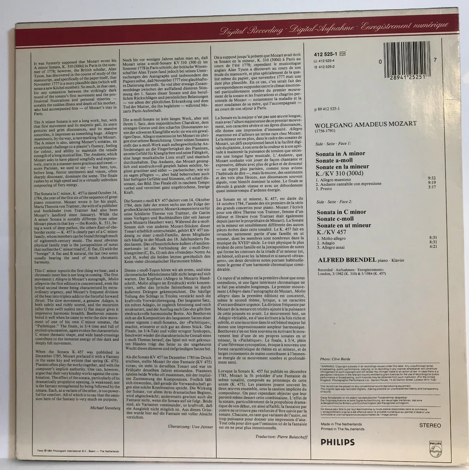 Mozart, Alfred Brendel ‎– Piano Sonates Klaviersonaten KV 310 & 457 LP Vinyl VG+ - Image 2 of 2