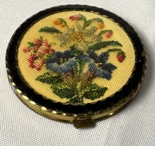 Vintage Compact Mirror Needlepoint Floral Petit Point Gold Toned Black Enamel?