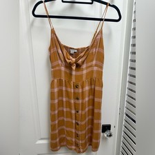 Women’s American Eagle Orange Pink Plaid Tie Front Dress Button Details SZ L