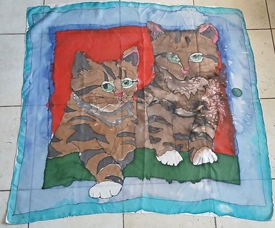 Alter Schal/Quadrat ''Katzen'' aus handbemalter Seide 85 cm x 88 cm groß