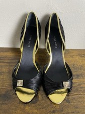 Nine West Black Gold Heels 7.5M Open Toe Rhinestone NWJELZEY Satin Formal Shoes